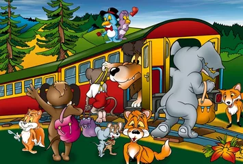 Washable wall murals Forest animals Train Trip - Cartoon Background Illustration, Bitmap