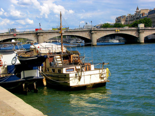 river Seine, bridge and yachts in Paris, France