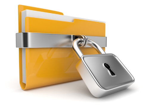 Yellow folder and lock. Data security concept. 3D isolated
