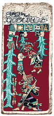 Obraz premium Great Flood Maya Prophecy. Papyrus of the Dresden Maya Codex predicting the Great Flood, Doomsday. Hand drawn illustration of one page of the oldest and best preserved books of the Maya.