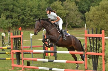 femme et cheval sautant