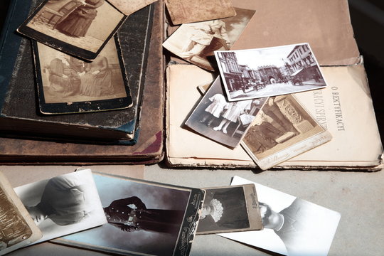 Hundred years old photos and books.