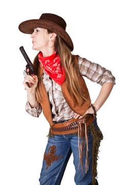 An isolated photo of a cowgirl with a gun