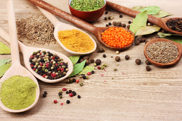spices in the spoons on wooden background