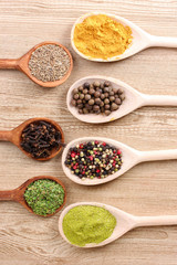 spices in the spoons on wooden background