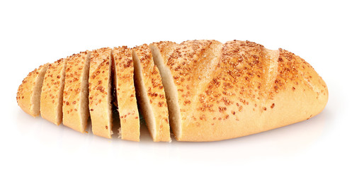 tasty sliced bread with sesame seeds isolated on white