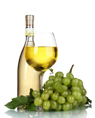 Ripe grapes, wine glass and bottle of wine isolated on white