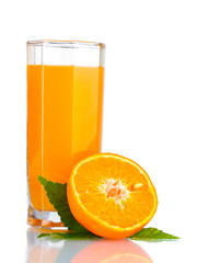 Orange juice in glass and orange isolated on white