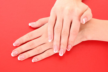 Beautiful woman hands with french manicure on red background