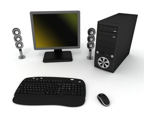 Black computer with speakers on a white background