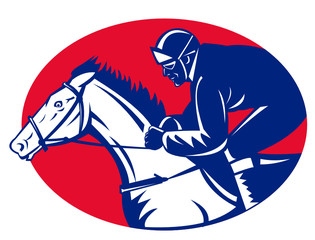 horse and jockey racing side view
