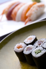 Japanese sushi seafood rolls with rice