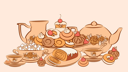 Vintage tea set and sweet cakes. Vector