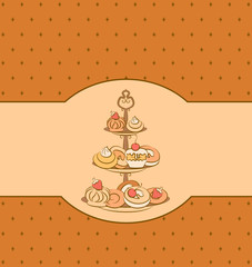 Vintage background with sweet cakes. Vector