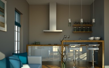 Wohndesign - Küche weiss mit Sofa 2