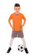 Boy with soccer ball. Isolated on white