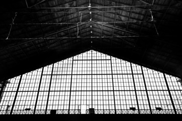 Black and white photo  of a train station in hungary