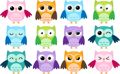 Set of 12 cartoon owls with various emotions