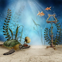 Podwodna sceneria z żółwiem i muzycznymi instrumentami - obrazy, fototapety, plakaty