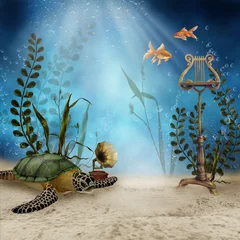 Outdoor kussens Onderwaterlandschap met een schildpad en muziekinstrumenten © Obsidian Fantasy
