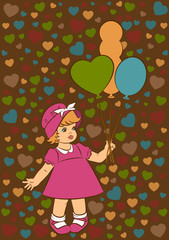 Vintage cartoon little girl on the background with marbles