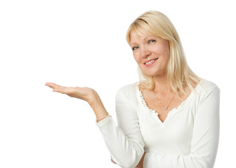 Fototapeta premium Woman presentating empty palm for product