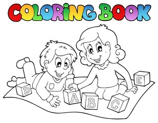 Livre de coloriage avec des enfants et des briques