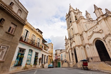 Wide angle view of a typical street in Old Havana