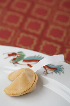 Close up of fortune cookie on plate