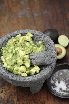 Guacamole in mortar with pestle