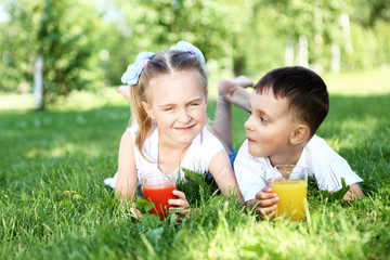 Little brother and sister in summer park