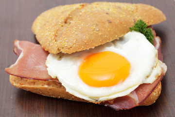 Vollkornbrötchen, roher Schinken, Spiegelei