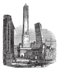 The two medieval Towers of Bologna, Bologna, Italy, vintage engr