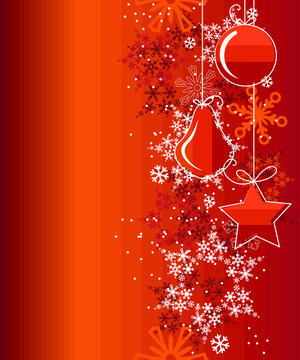 Red Christmas background with balls and snowflakes