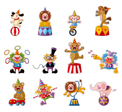 cartoon happy circus show icons collection.