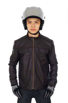 An Asian biker standing with a white background
