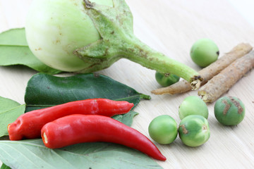 Thai spices on wood background