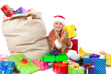 miss santa with christmas sack and colorful gifts