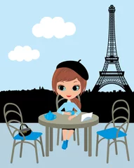 Gordijnen Mooi meisje in het Parijse café. vector © Nataliya Yakovleva