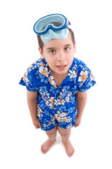 Surprised cute boy wearing hawaiian shirt
