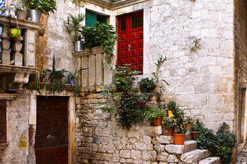 Fototapeta na wymiar Włoski Alley wioski z drzwiami i Roślin, Toskania
