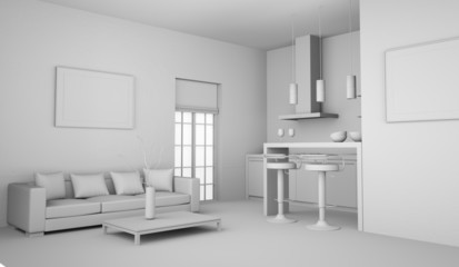 Wohnmodell - Küche mit Sofa