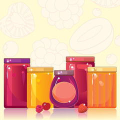 Jam and jelly in shiny glass jars