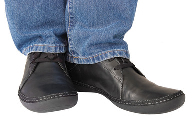 Black leather shoes blue denim indigo jeans casual men sneakers