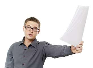 Portrait of young successful man holding white leaf in hand