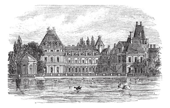 Fontainebleau Palace in Paris, France, vintage engraving