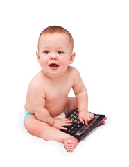 The kid with calculator on the white