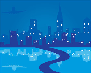 vector city background with plane and reflection