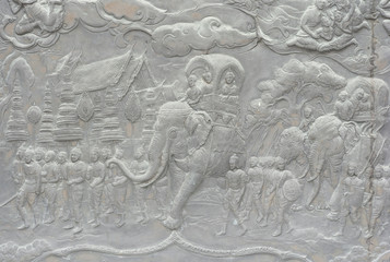 National Thai pattern on low relief sculpture,story of Buddha