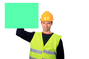 worker with empty publicity frame. Object over white